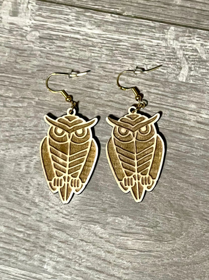 Wooden Tribal Owl Earrings