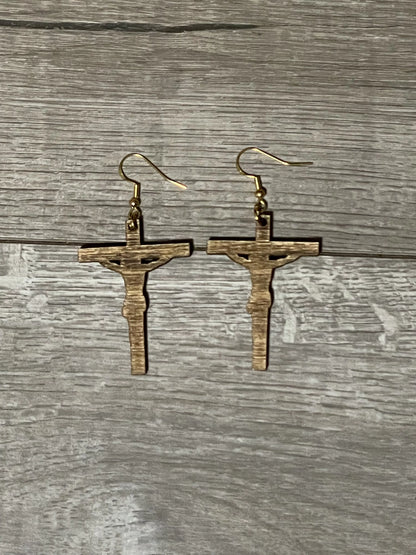 Wooden Crucifix Earrings